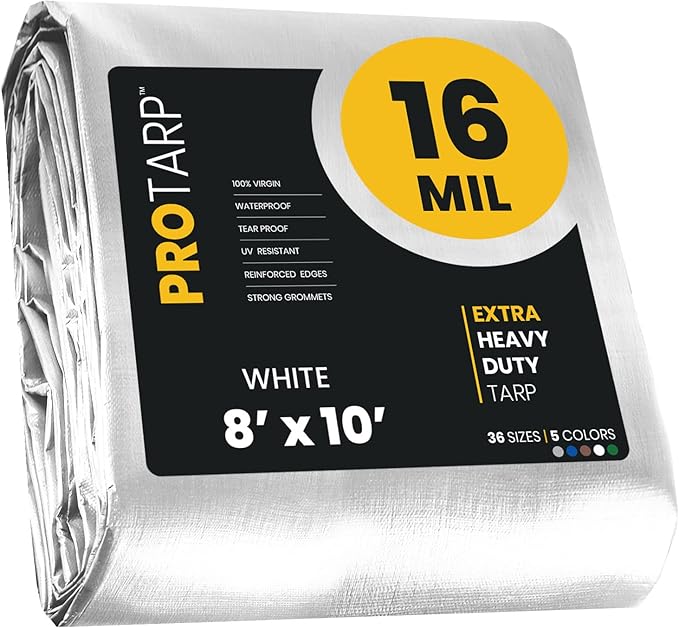 PROTARP Extra Heavy Duty 16 Mil Tarp Cover, Waterproof, UV Resistant, Rip and Tear Proof, Poly Tarpaulin with Reinforced Edges for Roof, Camping, Patio, Pool, Boat. (White 8′ X 10′)