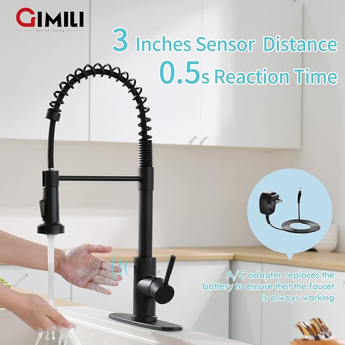 GIMILI Black Touchless Kitchen Faucet with AC Adapter, Smart Motion Sensor Hands Free Single Handle Kitchen Sink Faucet with Pull Down Sprayer, Matte Black