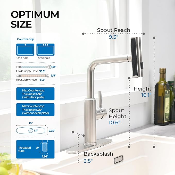 WEWE Waterfall Kitchen Faucet with Pull Down Sprayer, 3 Modes(Sweep/Stream/Waterfall) Rotary Switch Mode Stainless Steel Kitchen Sink Faucet Single Lever Handle Brushed Nickel Sink Fuacet