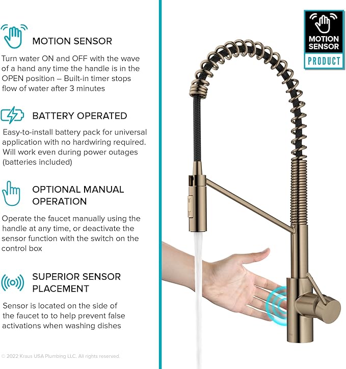 KRAUS Oletto Touchless Sensor Commercial Pull-Down Single Handle Kitchen Faucet with QuickDock Top Mount Assembly in Spot Free Antique Champagne Bronze, KSF-2631SFACB