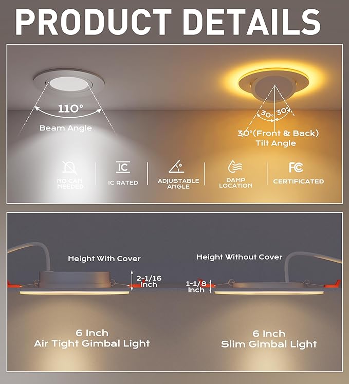 CLOUDY BAY [4 Pack] 6 inch 5 Color Swivel LED Gimbal Recessed Light with Night Light,12W CRI80+ 950LM,2700K/3000K/3500K/4000K/5000K，Canless Angled Adjustable Ceiling Downlight, White Finish
