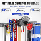 Garage Tool Organizer Wall Mount 64 inches with 13 Adjustable Heavy-Duty Hooks, Garage Organization, Garden Tool Storage Rack, Yard, and Shed, Holds Up to 520 lbs (Grey)