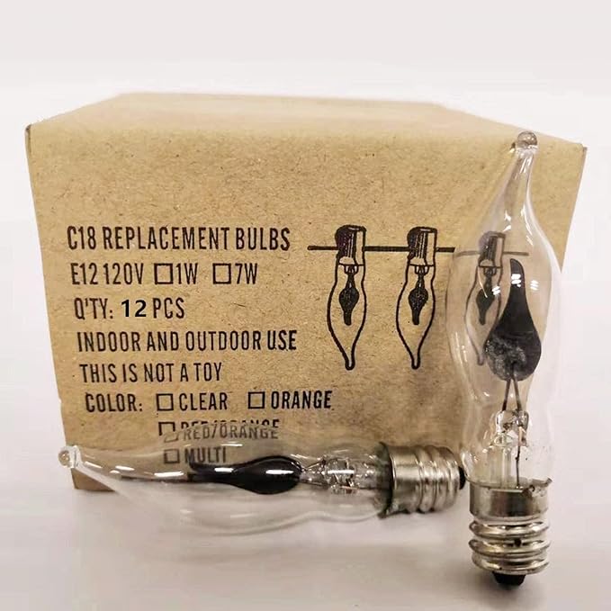 SUNSGNE Christmas Flicker Flame Light Bulbs, Crystal Clear Flame Tip Candelabra Bulbs, C18 Flickering Replacement Bulbs Dances with Orange Flame, 1 Watt, 120 Volt, E12 Candelabra Base, 12 Pack