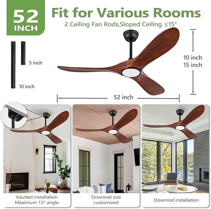 52 Inch Solid Wood Ceiling Fans with Lights 3CCT Dimmable Outdoor Ceiling Fan with Light and Remote Modern 3 Blades Propeller Ceiling Fans DC Motor for Patios Indoor Bedroom, Dark Walnut