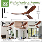 52 Inch Solid Wood Ceiling Fans with Lights 3CCT Dimmable Outdoor Ceiling Fan with Light and Remote Modern 3 Blades Propeller Ceiling Fans DC Motor for Patios Indoor Bedroom, Dark Walnut