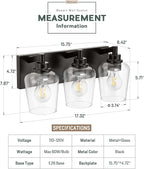 Bathroom Light Fixtures, 3-Light Modern Vanity Light with Clear Glass Wine Glass-Shaped Shade, Vanity Lighting Fixtures Over Mirror, Matte Black, VL155-MB-3