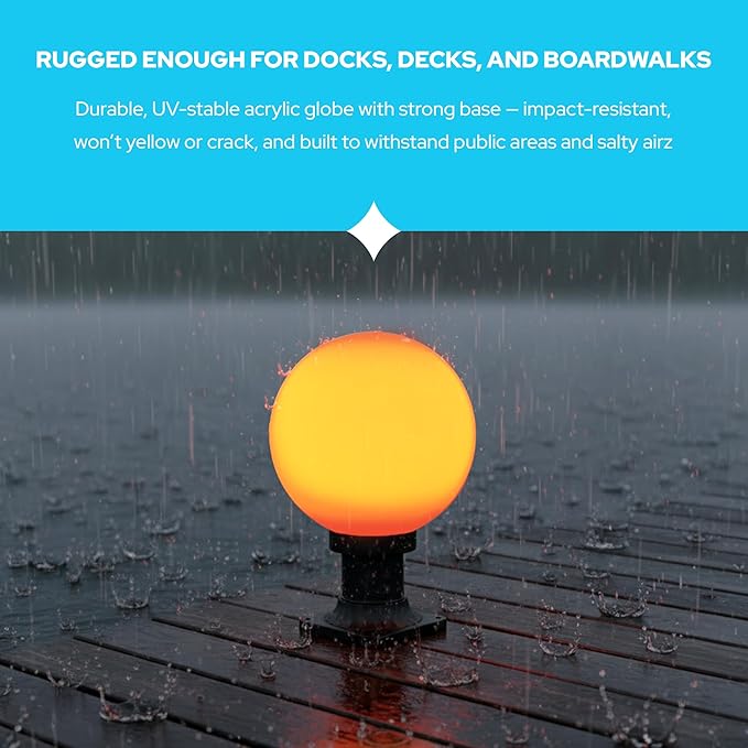 KastLite 590nm Amber LED Pier Mount Globe Light - Sea Turtle Friendly Outdoor Fixture - 7.5W Wildlife Safe Lighting for Coastal Porch Garden & Dock Use - USA Made Prismatic Acrylic Lens, Black Base