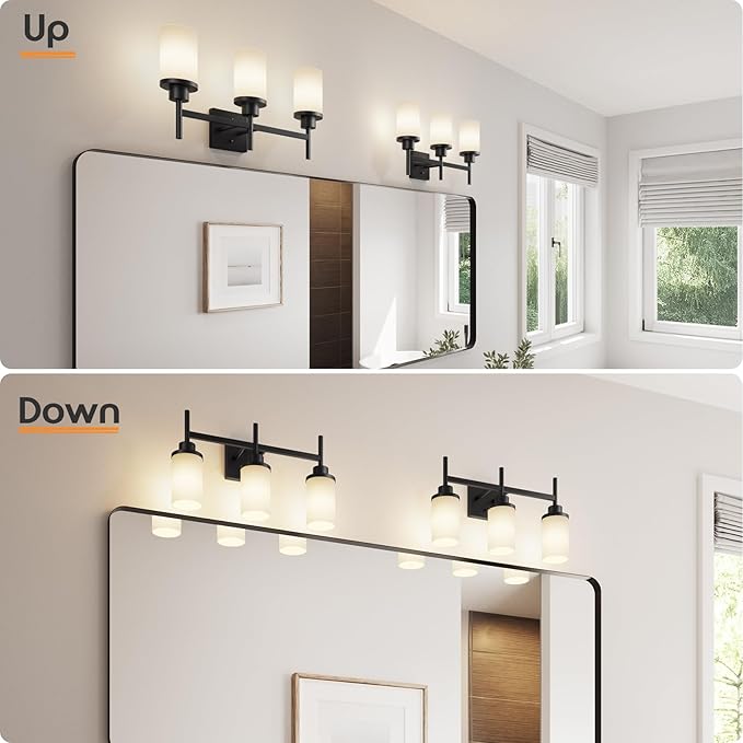 Bathrom Light Fixtures Matte Black 3 Lights Over Mirror, Wall Sconces Lighting with White Frosted Glass Shade for Toilet Washroom Bath T001MB-L3