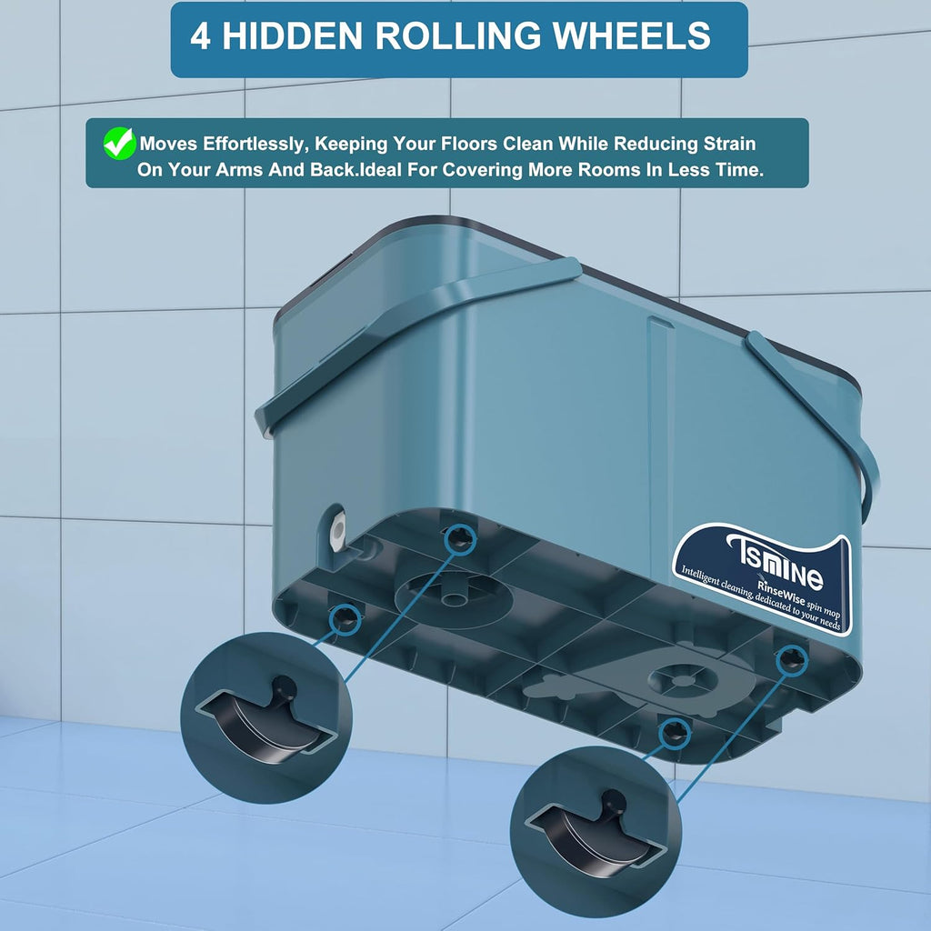 Gen 1 Large-Capacity Spin Mop and Bucket – for Big Homes & Deep Cleaning Days,4-Chamber System Separates Dirty & Clean Water, 2-GAL Heavy-Duty Design with Wheels & 6 Refill Mop Heads - Blue/Grey