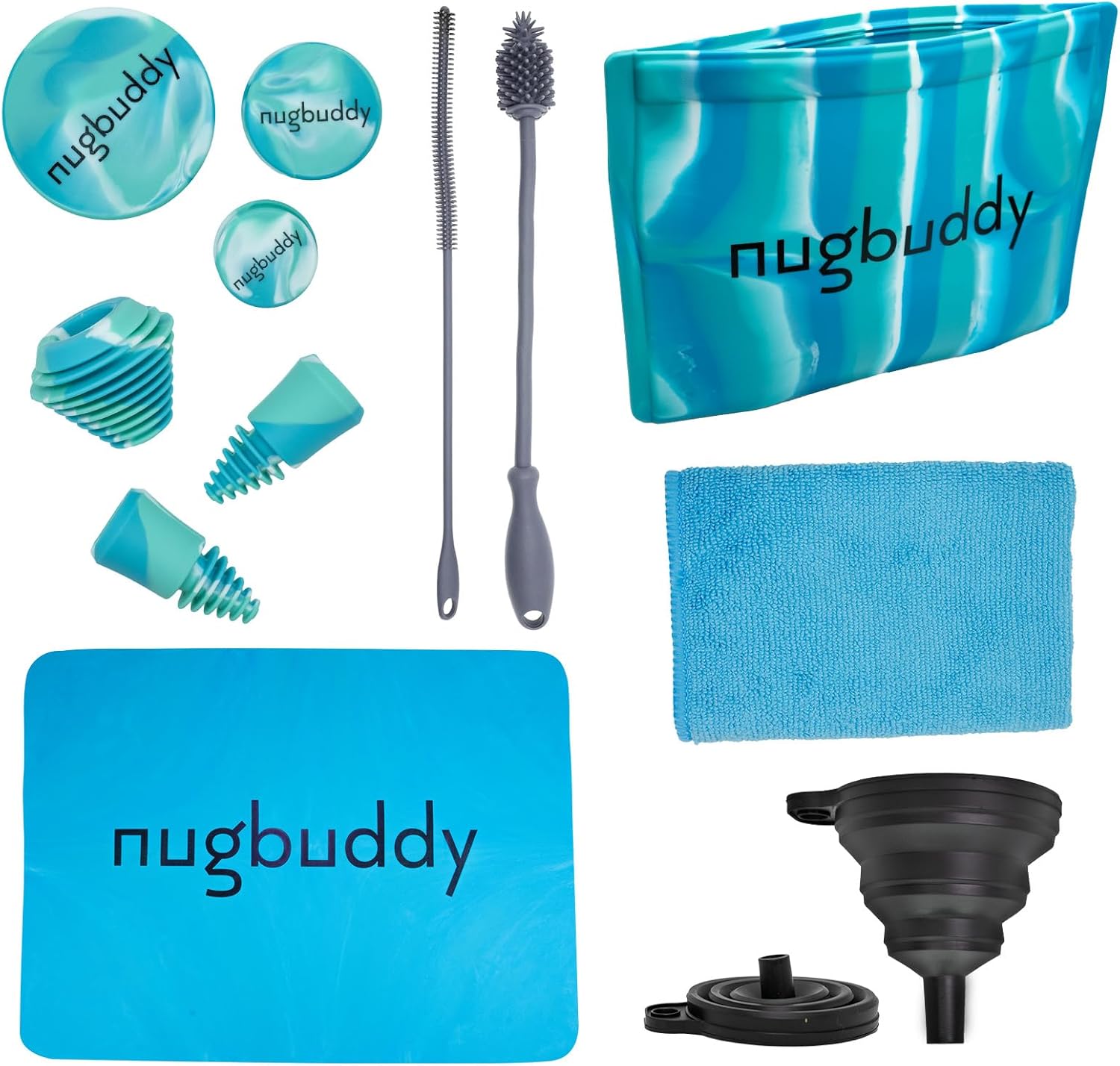 Glass Cleaning Kit - Reusable Silicone Accessories - Complete Kit to Clean your Piece, Just Add Cleaner - Reusable Soaker Bag, Brushes, Mat, Caps & Plugs, Funnel, & Microfiber Towel