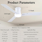 52 Inch Ceiling Fans with Lights,White Modern Flush Mount Ceiling Fans,Low Profile Ceiling Fan for Bedroom,Courtyards,Living Room,3CCT Dimmable,6-Speed Reversible,Noiseless&Quiet Motor,ETL Listed