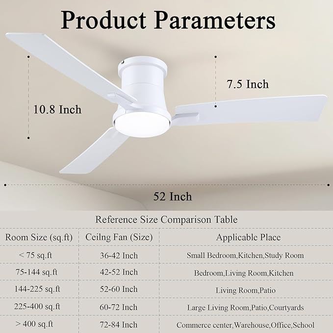 52 Inch Ceiling Fans with Lights,White Modern Flush Mount Ceiling Fans,Low Profile Ceiling Fan for Bedroom,Courtyards,Living Room,3CCT Dimmable,6-Speed Reversible,Noiseless&Quiet Motor,ETL Listed