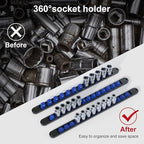 FivePears 3PCS 360° Socket Organizer Twist Lock,3/8 1/4 1/2 Socket Storage Rails, Premium Quality Socket Holders for Tool Box ，Tool Carts，Contains up to 40 Clips (Blue, Red and Black)