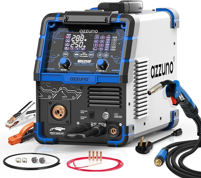 AZZUNO Aluminum 250Amp MIG Welder,6 in 1 Gas MIG/Gasless Flux Core/Stick/Lift TIG/Spot Welding/Spool Gun Compatible Welding Machine 110V/220V Large LED Display Multi Process Welder