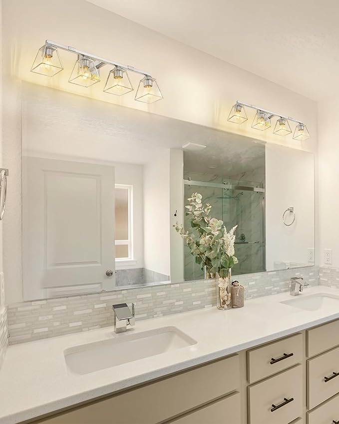 Brushed Nickel Bathroom Vanity Light, HWH 4-Light Vanity Light Fixture Modern Vanity Wall Sconce Lamp Over Mirror with Square Glass Shade, 5HY68B-4W BN