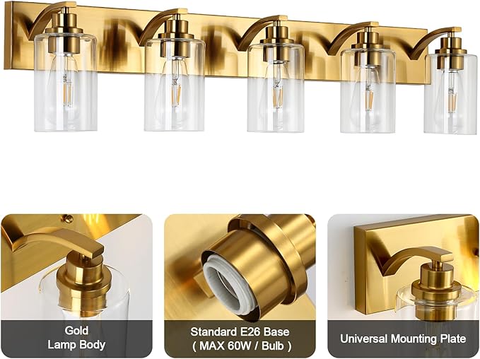 5-Light Bathroom Light Fixtures Modern Gold Vanity Lights for Bathroom Lighting Fixtures Over Mirror with Clear Glass Shade for Cabinet Mirror Bedroom Hallway