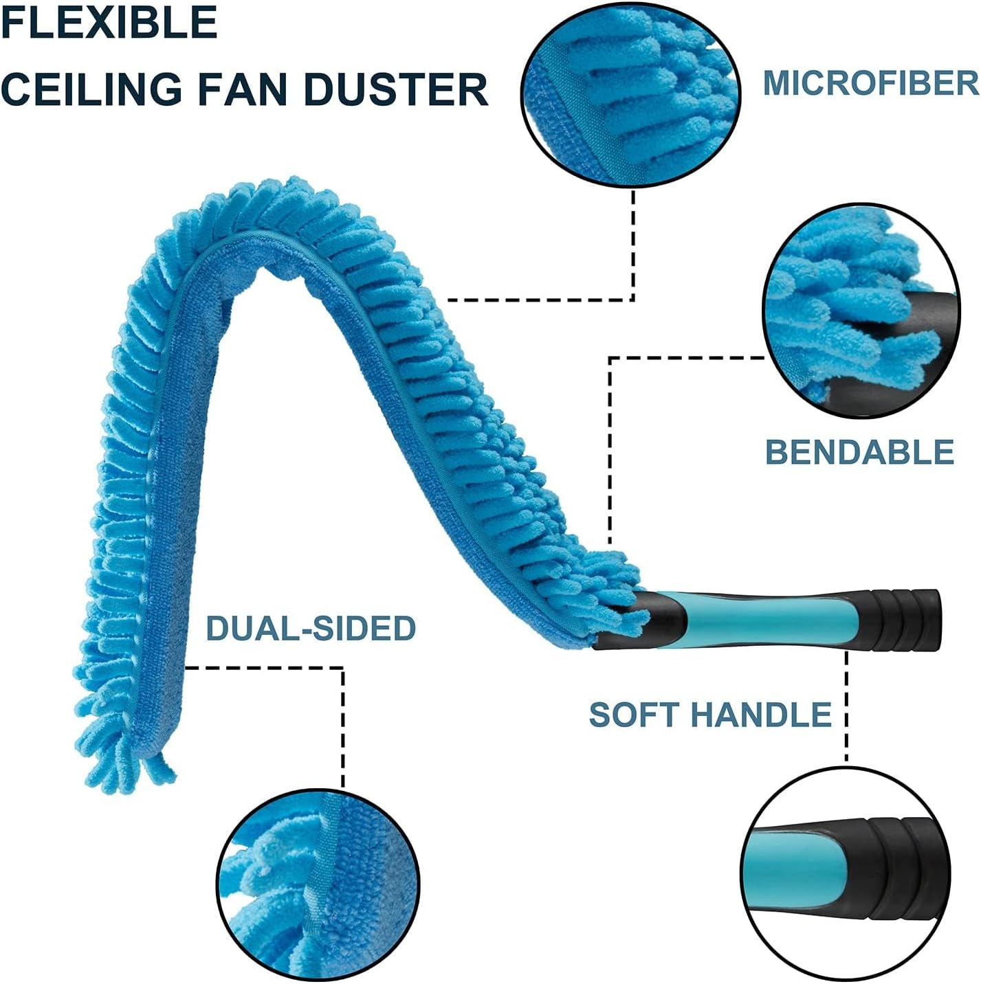 High Ceiling Fan Duster with 5-8 Foot Extension Pole, Extendable Reusable Cobweb, Feather, Window Cleaning Squeegee Kit