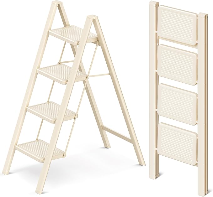 GameGem 4 Step Ladder Folding Step Stool with Wide Anti-Slip Pedal, 330LBS Capacity, Lightweight Portable Stepladder for Home and Kitchen Use, Cream White