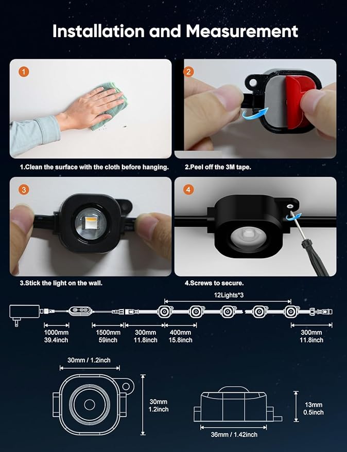 Permanent Outdoor Lights 50ft,RGBW Eaves Light with 36 LED Lights,111+ Scenes Modes Outdoor Lighting, Waterproof Permanent Light for Daily Holiday Halloween Decorations, Compatible with Alexa,Black