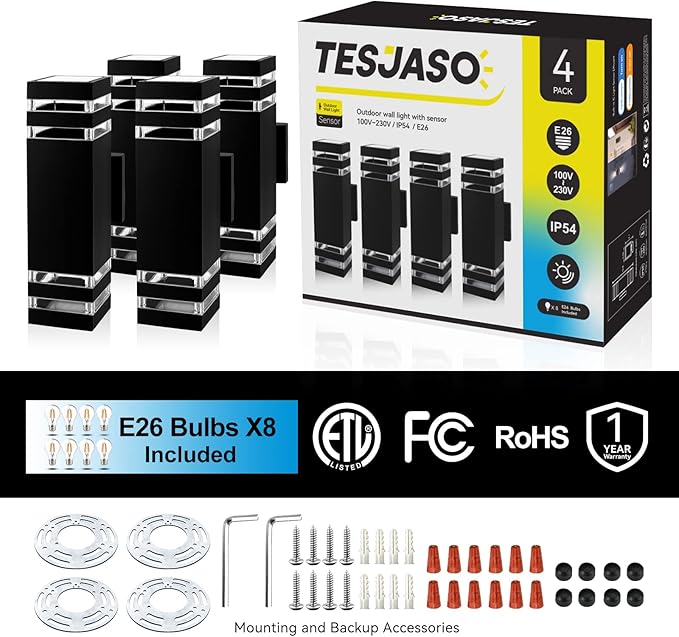 Modern Outdoor Wall Light with Dusk to Dawn Sensor, 2-Pack Brown Exterior Wall Sconces with E26 Bulbs Included, IP65 Waterproof Anti-Rust Aluminum Porch and Garage Light Fixtures