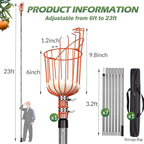 Walensee 23FT Fruit Picker, Adjustable Fruits Picker Tool with Fiberglass Pole, Big Basket and Storage Bag, Fruit Catcher Equipment Tree Picker for Lemons Apples Mango Orange Avocados Fruit Picking