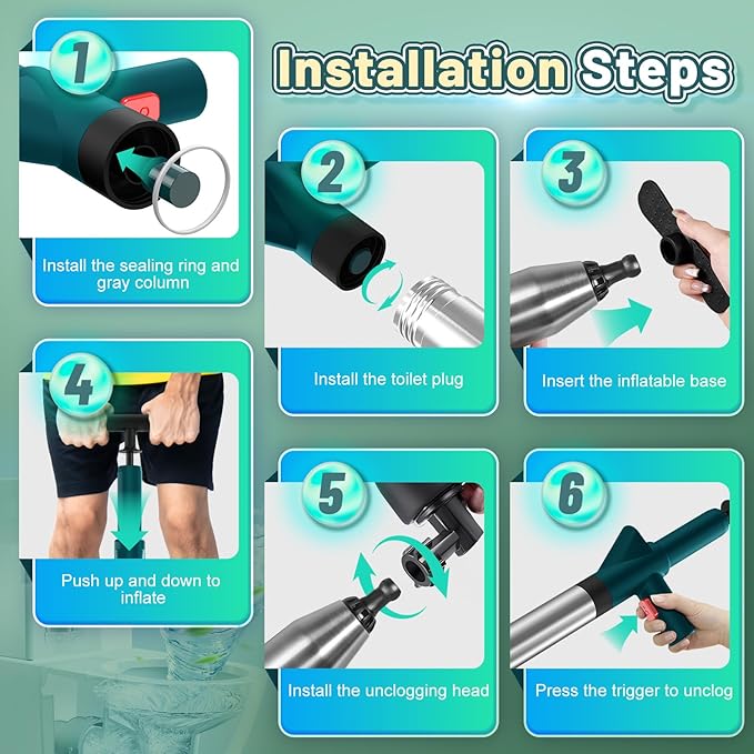 Heavy Duty Toilet Plunger, Drain Clog Remover, High Pressure Air Drain Blaster Real-Time Barometer Plunge Blaster Multi-Drain Unclogger for Toilets, Plungers for Bathroom, Sink, Floor, Kitchen Clogged