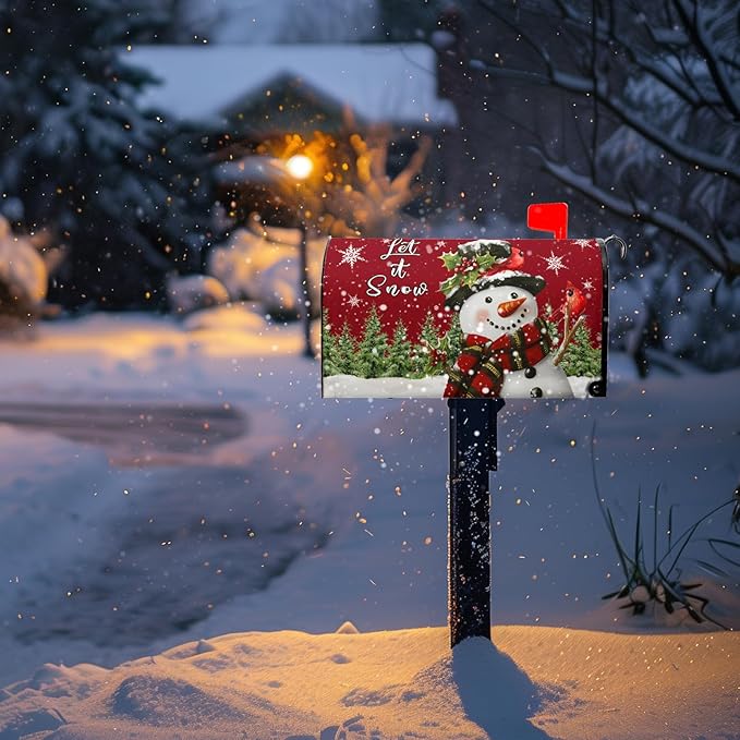 Snowman Mailbox Covers Magnetic Large Size Xmas Cardinal Mailbox Cover 25.5X21 Inch Winter Pine Tree Post Box Christmas Letterbox Wraps for Garden Yard Decorations