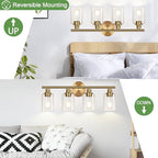 4-Light Bathroom Light Fixtures, Brushed Gold Modern Vanity Lights Over Mirror with Clear Glass Shade, Bathroom Wall Lamp for Mirror Kitchen Living Room Hallway Cabinet Porch Bedroom Reading room