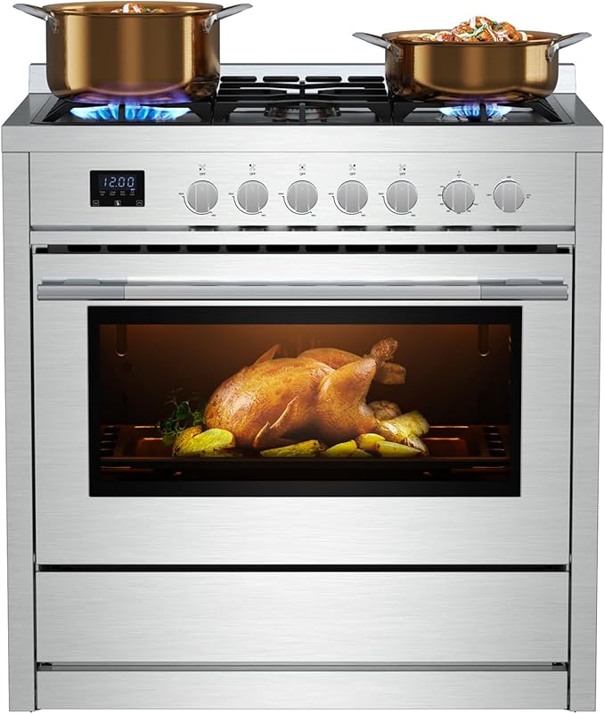 Empava Gas Range, 4.3 Cu. Ft Convection Oven with Touch Timer, 5 Deep Recessed Burners Cooktop, Heavy Duty Continuous Grates in Stainless Steel, Freestanding & Slide-in Stove,36 Inch