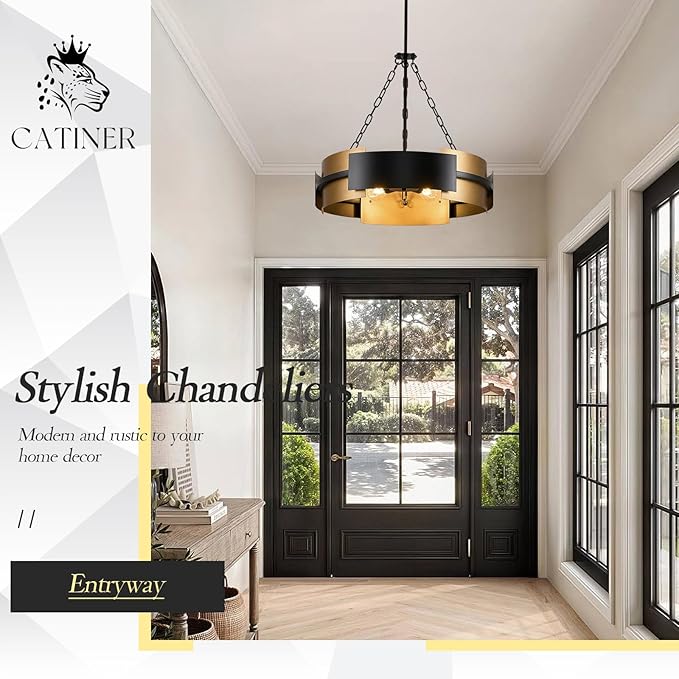 Modern Chandelier 24" Black Gold Industrial Drum Light Fixture 6-Light Metal Hanging Chandelier for Living Dining Room Foyer Entryway Kitchen