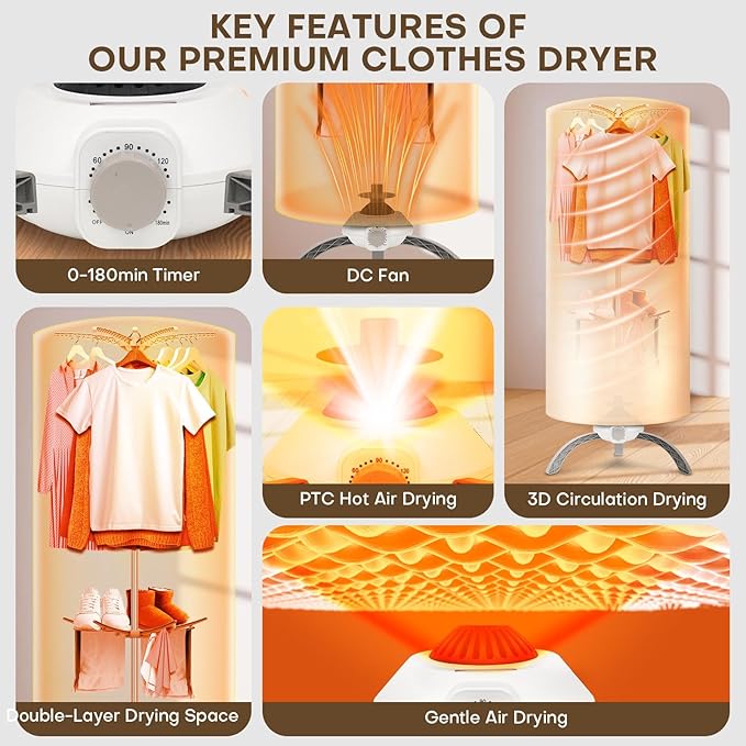 Portable Clothes Dryer 900W - Compact Mini Dryer for Small Apartments, Quick Dry Electric Clothes Dryer with Large Capacity for Dorm, RV, Travel