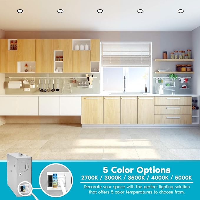 LUXRITE 4 Inch Ultra Thin LED Recessed Light with J-Box, 10W, 5 Color Options 2700K | 3000K | 3500K | 4000K | 5000K, Dimmable Wafer Lights, 750 Lumens, Black Trim, Energy Star, IC Rated (4 Pack)