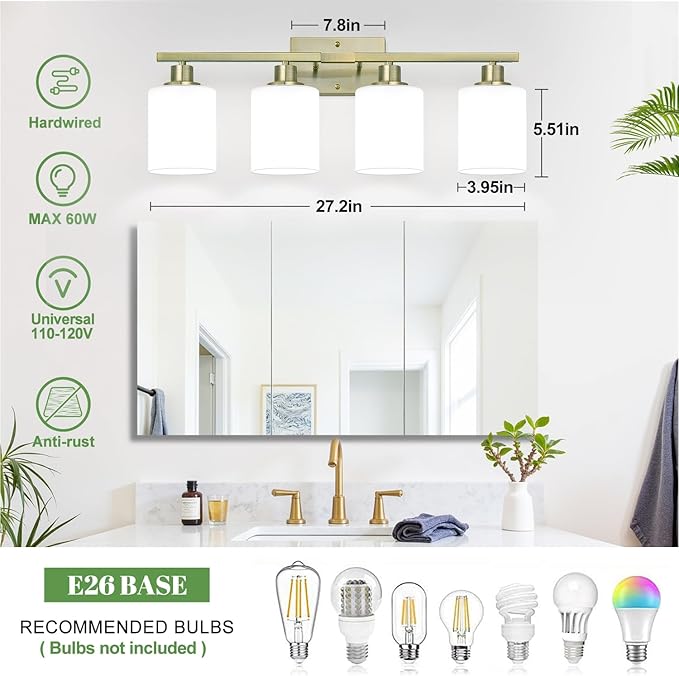 4-Light Bathroom Light Fixtures, Brass Vanity Light with Milky White Shades, Bathroom Lighting Fixtures Over Mirror, Modern Bathroom Wall Lamp for Mirror Living Room Cabinet Bedroom