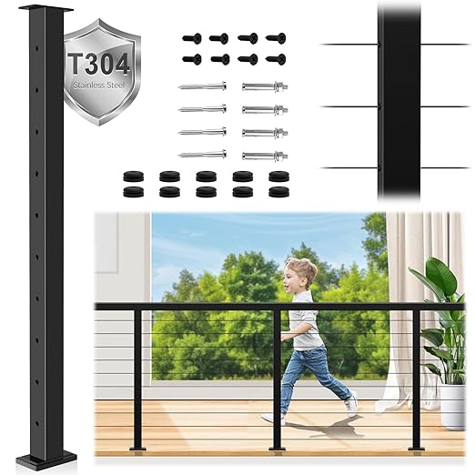 36" T304 Cable Railing Post(Post 35"x2"x2"), Level Drilled Railing Post with Cable Grommets, Fixed Top Mount Cable Handrail Post, Stainless Steel Black Finish Indoor Outdoor Deck Post