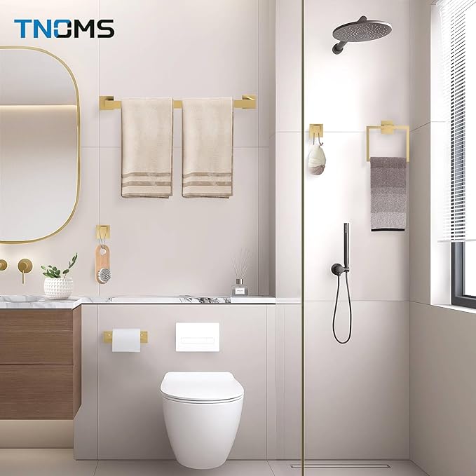 TNOMS 5-Piece Towel Bar Set Brushed Gold Bathroom Hardware Accessories Set Includes Upgraded Double Base Toilet Paper Holder,Modern Square Towel Holder Set Stainless Steel Wall Mount 23.6 Inch
