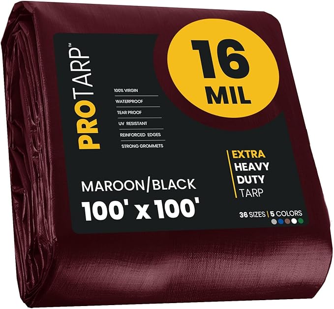 PROTARP Extra Heavy Duty 16 Mil Tarp Cover, Waterproof, UV Resistant, Rip and Tear Proof, Poly Tarpaulin with Reinforced Edges for Roof, Camping, Patio, Pool, Boat. (Maroon/Black 100′ X 100′)