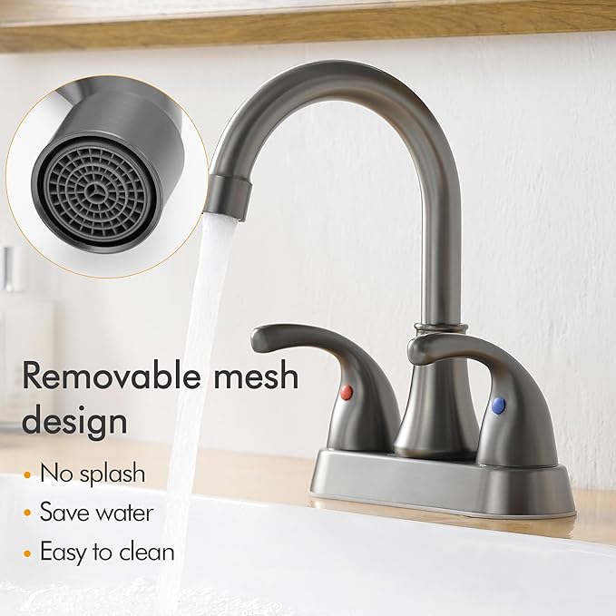 Bathroom Sink Faucet FRANSITON 4 Inch 2 Handle Lead-Free Brushed Grey Bath Sink Faucet with Pop-up Drain Stopper and Supply Hoses