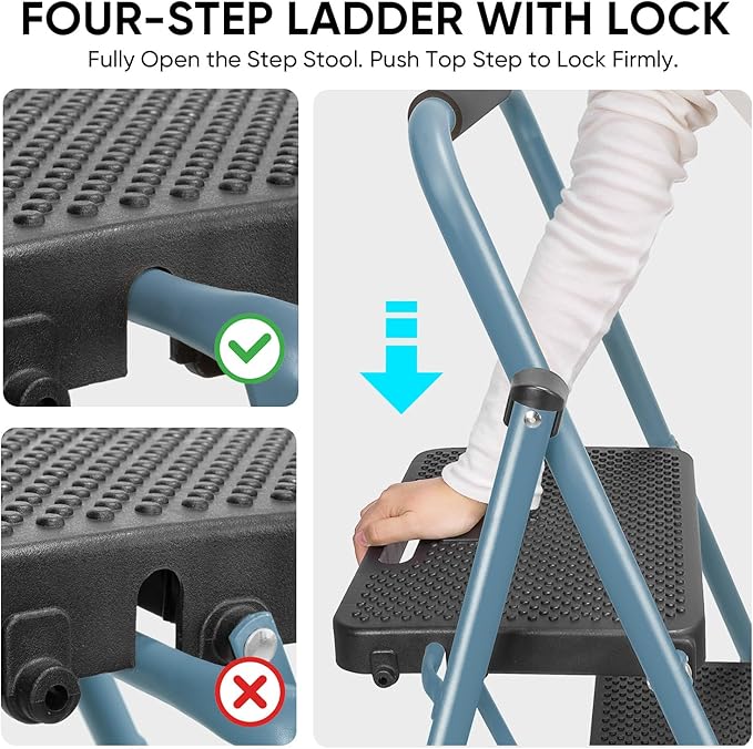 TICONN 4 Step Ladder, Heavy Duty Foldable Step Stool, Portable Steel Folding Stool for Household Garage Storage (Blue)
