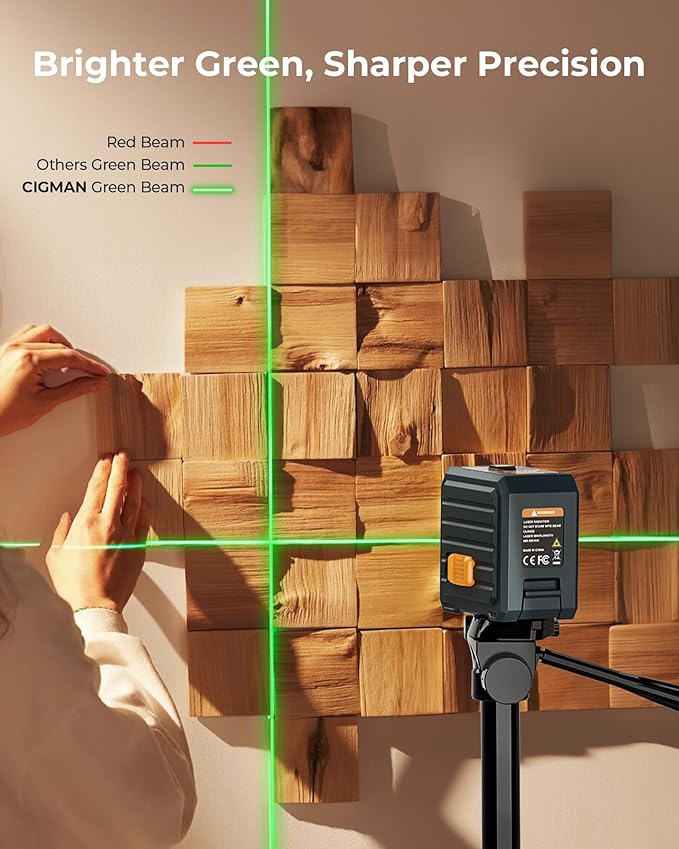 Laser Level, CIGMAN CM-G01 Self-Leveling Green Cross Line Laser, 100ft Range, 4 Brightness Levels Up to 28H Runtime, Compact 6.4oz, IP54, Magnetic Bracket, for Picture Hanging, Tile, DIY & Renovation