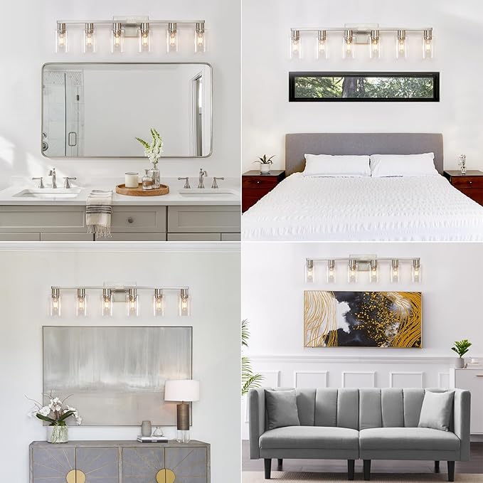 6 Light Bathroom Light Fixtures, Bathroom Vanity Light with Clear Glass, Brushed Nickel Bathroom Lighting Fixtures over Mirror, Large Vanity Lights for Bathroom, Vanity Lights for Mirror, Wall Sconce