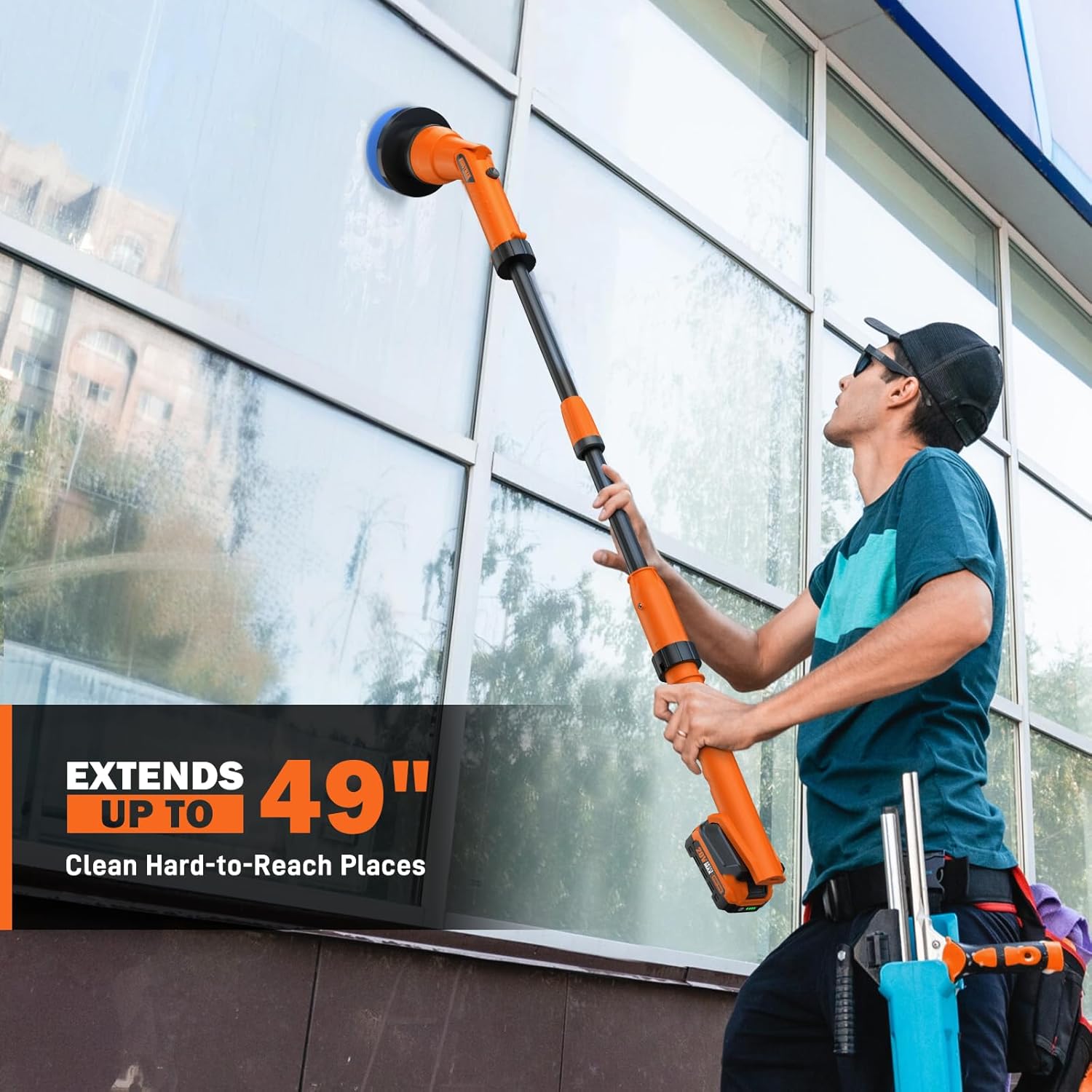 20V Electric Scrubber for Cleaning Floors, Walls - 2 Replaceable Battery Design for Outdoor Garden and Patio Cleaning Stubborn Stains, Telescopic Handle,8 Replaceable Brush Heads