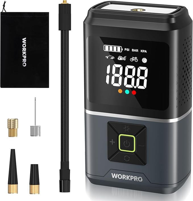 WORKPRO Portable Tire Inflator, 7.2V/12V Small/Mid/Large Air Compressor, Digital Display, Auto Shut-Off, 5 Modes, LED Light, High Airflow, for Car, Motorcycle, Bike, Balls