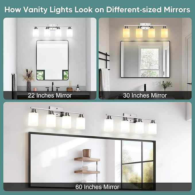 Ascher Bathroom Light Fixtures, 4-Light Vanity Light Over Mirror, Brushed Nickel Wall Sconces with Milky White Frosted Glass Shades, Wall Lamp for Living Room Bedroom, E26 Base(Bulbs Not Included)
