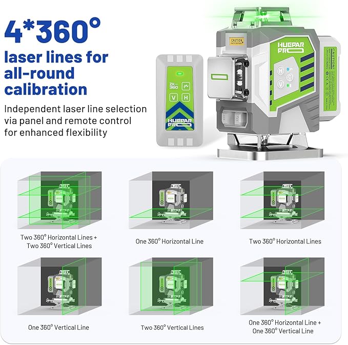 HueparPro Laser Level 360 Self Leveling, 4x360°Green Cross Line Laser Tool with Remote Control & 8000mAh Rechargeable Li-ion Battery, High Accuracy 4D Laser for Construction, Magnetic Bracket -ZK04CG