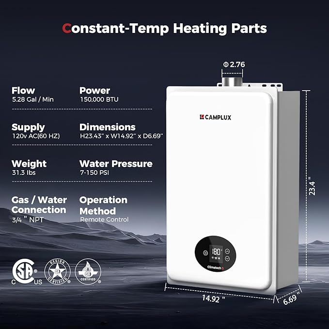 CAMPLUX Climatech 5 150,000 BTU Tankless Water Heater Propane Indoor 5.28 GPM, On Demand Instant Hot Water Heater Propane, 2.76" Flue Pipe Dia, Indoor Installation, CA528