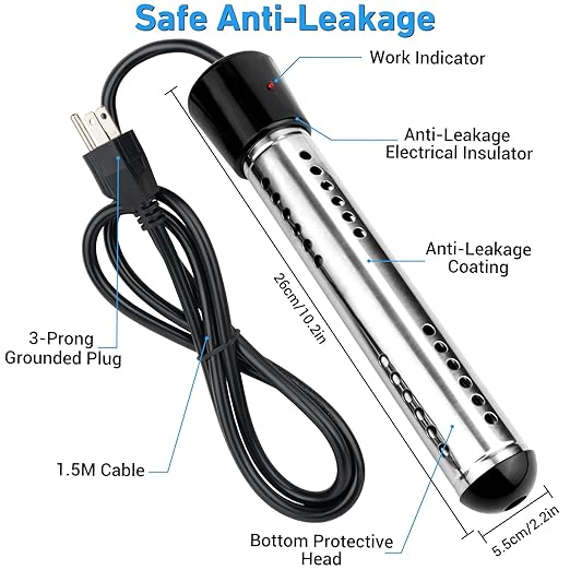 Immersion Water Heater Electric, 2000W Portable Hot Water Heater with 304 S S Guard & LCD Thermometer, Submersible Water Heater Heats up 5 Gallons of Water in Minutes for Bucket Bathtub Small Pool