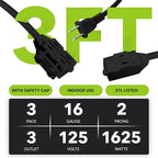 HBN Extension Cord, 3-Pack 3FT Black, 2 Prong Indoor Extension Cord 16/2 SPT-2, 13A, 1625 W, 3-Outlet Extension Cords for Home/Office Use