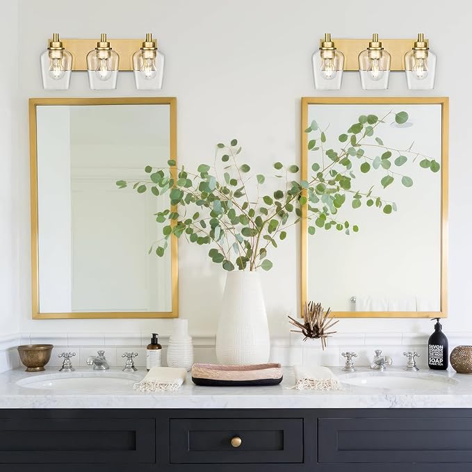Bathroom Light Fixtures, 3-Light Modern Vanity Light with Clear Glass Wine Glass-Shaped Shade, Vanity Lighting Fixtures Over Mirror, Brushed Gold, VL155-BG-3