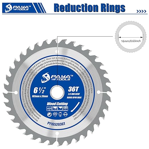 6-1/2-Inch 36-Tooth Circular Saw Blade,TCT ATB Framing Blade,20mm Bore(16mm Reduction Ring Included) for Wood Fast Cutting