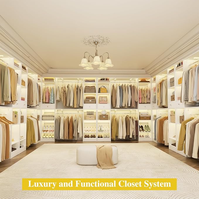 Unikito 10-15FT Closet Systems, Large Wood Walk in Closet Organizer with Hanging Rods and Drawers, Heavy Duty Closets Wardrobe with Shoe Rack, Sturdy Reversible Clothes Closet Kit, White, Set of 2